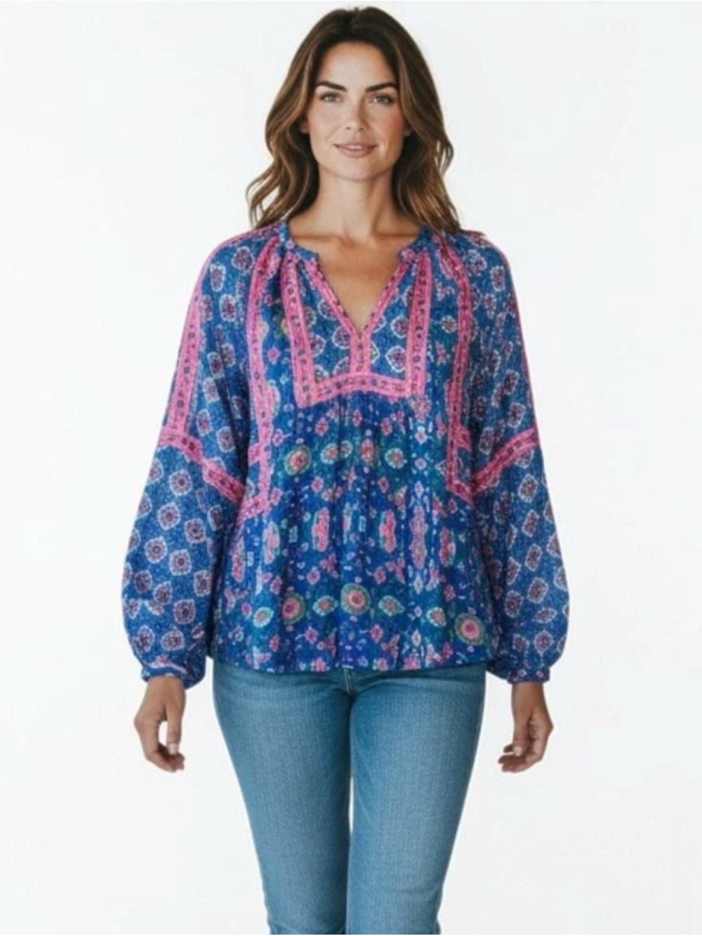 Tolani Royal Blue Boho Tunic with Hot Pink Embroidery